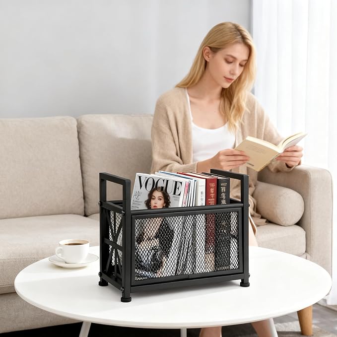 Magazine Rack Floor, Black Magazine Holder, Magazine Storage Basket, File Holder Organizer Stand, Metal Storage Shelf Box Bin Folder Organizer for Magazines, Books, Newspapers