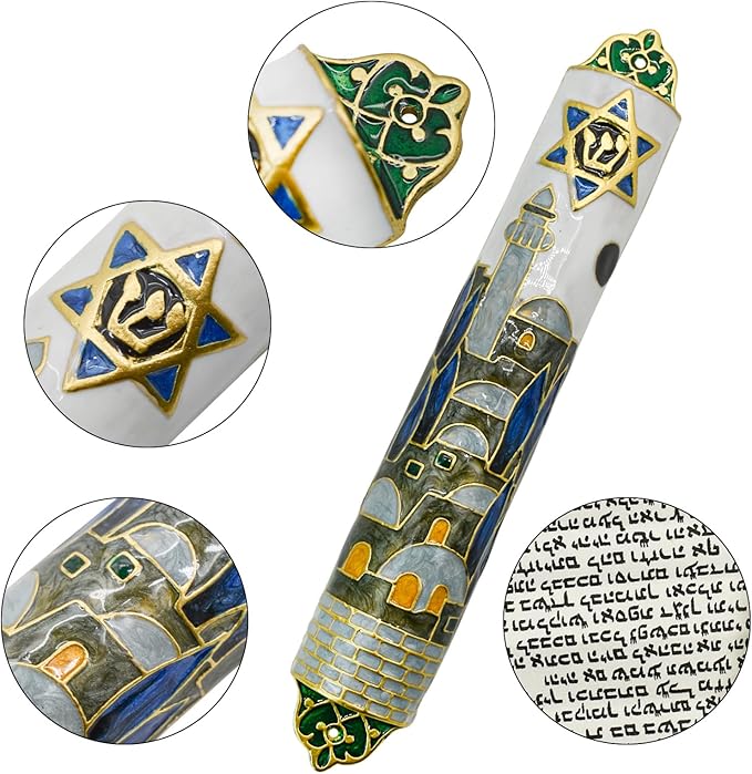 Mezuzah with Scroll for Door, Enamel&Zinc Alloy Blessing Mezuzah Case for Door, Colored Painted Mezuzha Scroll Kosher for Jewish Gifts/Jewish Decor, Christmas (Mutil Color, 1.1x6.53 in)