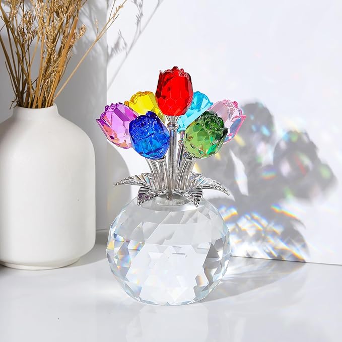 Arikyrist Crystal Colorful Rose Bouquet Figurine with Round Vase, Glass Rose Flower Romantic Gifts for Her Mom on Birthday, Collectible Decoration Table Centerpiece for Home