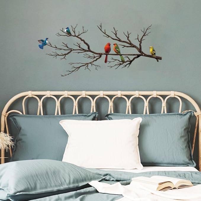 ESTART Metal Birds Wall Art, Metal Vivid Birds on Branch Silhouette Wall Decor Black Leaves with Bird Outdoor Hanging Wall Sculpture for Home Balcony Garden (Vintage Color, Small)
