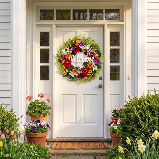 Valery Madelyn Spring Summer Wreaths for Front Door，Collapsible 24 Inch Door Wreath with Daisy Flower,Butterfly and “Welcome” Wood Sign Floral Wreath for Wedding, Wall, Home Decorations