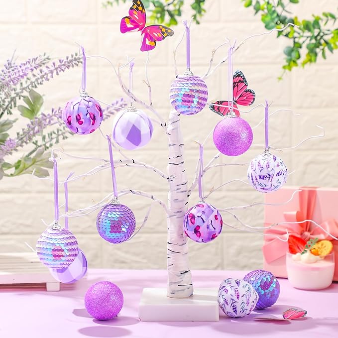 Zhanmai 12 Pcs Spring Balls Ornaments Butterfly Ball Hanging Decorations Lavender Flower Theme Ball Decorations for Holiday Easter Home Party Favors Decor(Spring)