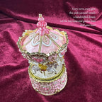 Carousel Music Box Figurine Pink Enamel, Rose Accents, Golden Details, Ideal Home Decor & Gift Giving