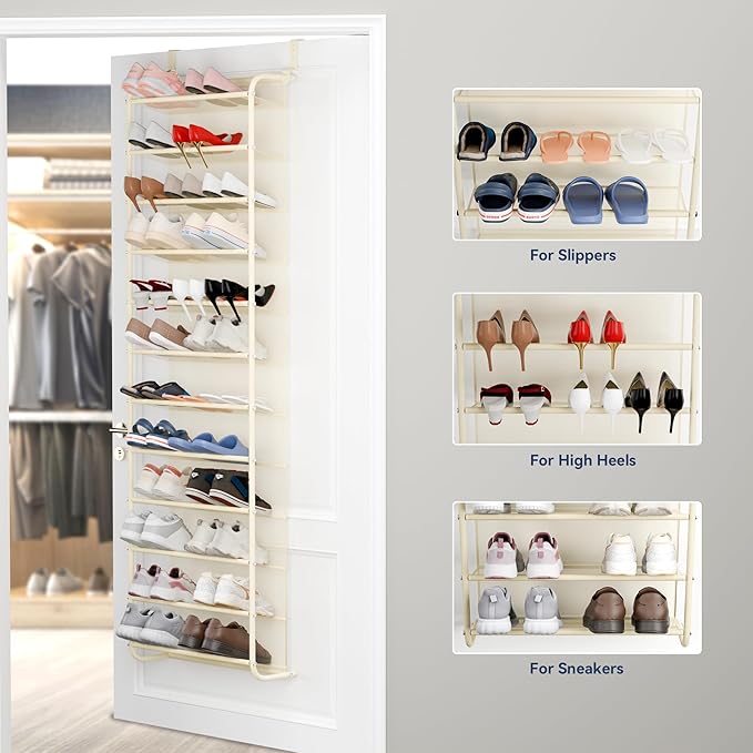 Whitmor 36 Pair Over The Door Shoe Organizer, 12 Tier Hanging Shoe Organizer, Heavy Duty Metal & Mesh Shoe Holder, Hanging Shoe Rack for Closet Organizer & Storage, 69"L x 21.7"W x 7.5"H, Beige