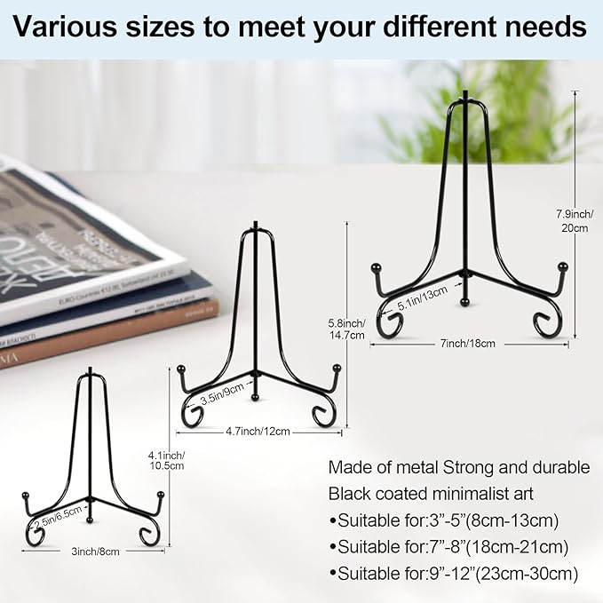 vivinin 6 Pack Plate Stands For Display (4 Inch, 6 Inch, 8 Inch), Plate Holder 3 Size Picture Frame Stand of Metal, Frame Holder Stand and Artworks for Book, Tabletop Art, Picture, Photo and Platter