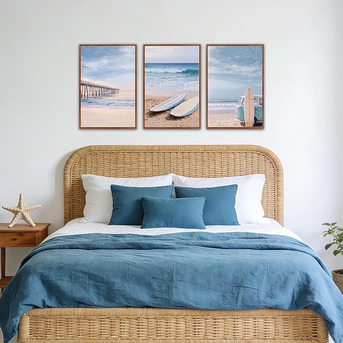 KAlRNE Coastal Beach Wall Art Set of 3(16’’X24’’),Framed Pastel Ocean Canvas Prints with Surfboards,Surf Prints,Neutral Retro Beachy Framed Art Decor for Living Room Bedroom Office