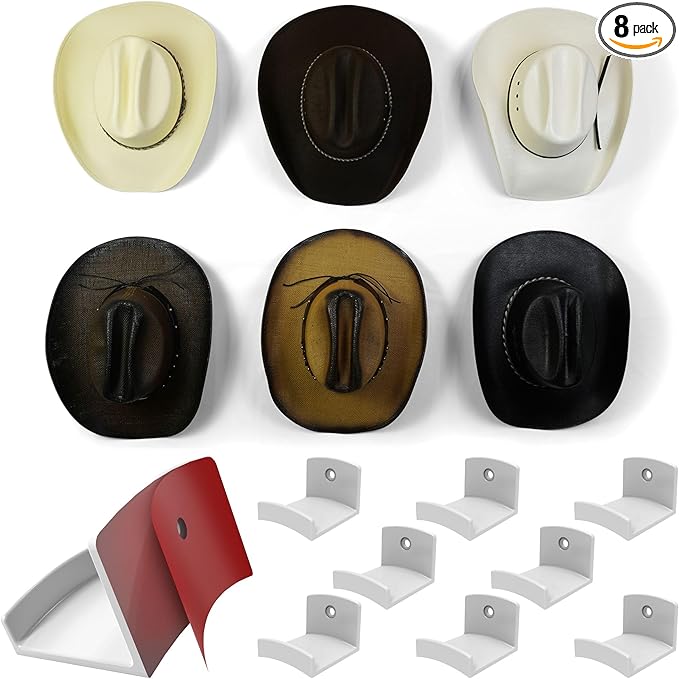 Modern JP Adhesive Hat Hooks for Wall (8-Pack) - Cowboy Hat Rack, Wide Brim Hat Organizer, Strong Hold Hat Hangers for Wall - White