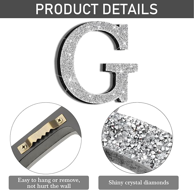 Qunclay 5.7" Silver Crystal Diamond Bling Letters Crushed Diamond Decoration Wooden Glitter Letter with Screw and Hooks Rhinestone Gift for Wedding Y2k Mcbling Bedroom Wall Decor (Letter G)