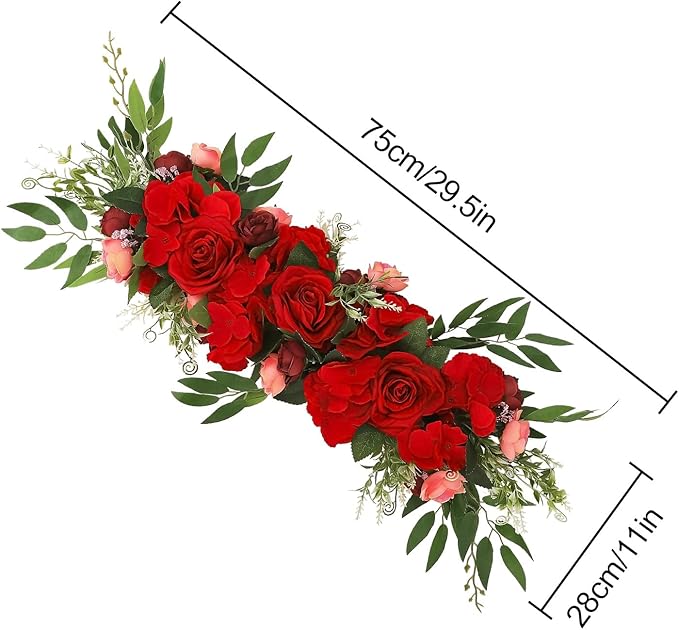 Artificial Peony Flower Swag, 29.6in Faux Eucalyptus Leaves Corner Rose Floral Swags, Artificial Mirror Flower Chair Back Flower Swags for Sheer Drapes, Wedding Chair, Arbor, Wedding(red)