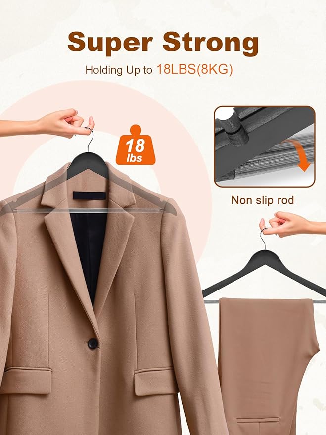 HOUSE DAY Black Wooden Hangers 30 Pack, Solid Wood Hanger with Non Slip Pant Bar, Heavy Duty Wooden Coat Hanger for Closet, Smooth Finish Wood Clothes Hangers for Shirts, Suits Jackets, Dress