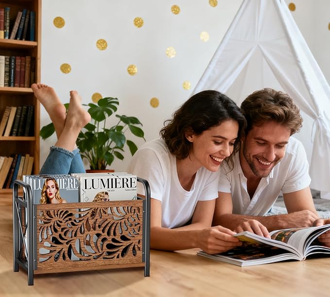 Magazine Holder, Magazine Rack Floor, Wood Magazine File Holder, Magazine Organizer, Album Storage for Vinyl Records, Farmhouse Magazine Storage Rack for Magazines, Newspapers, Books