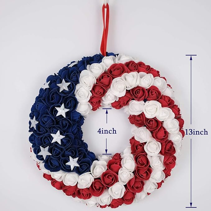 idyllic July 4th Patriotic Americana Wreath Boxwood Handcrafted Memorial Day Wreath Festival Garland Decoration Front Door Wall Home Decor (Blue)
