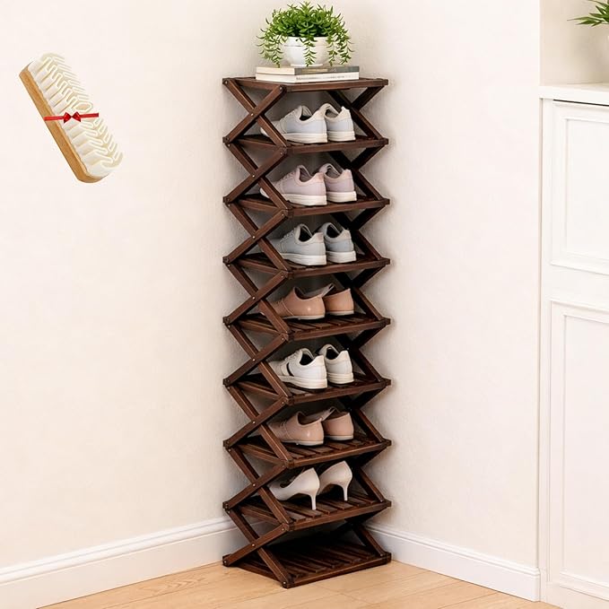 The 9-Tier No-Assembly Bamboo Rack, Folding Bamboo Shoe Rack Organizer with Collapsible Vertical Design, Space-Saving & No-Tool Assembly, for Entryways,Corners,Bedrooms,Balconies (Brown,9)