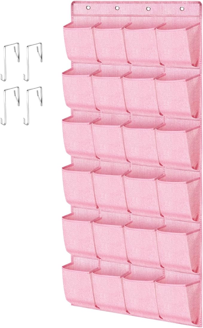 homyfort Pink Shoe Organizer Over the Door for Girls Women Kids Room,Hanging Shoe Rack Organizer for Closet Door,Zapateras Storage Holder with 24 Large Pockets & 4 Sturdy Hooks for Shoes,Slippers