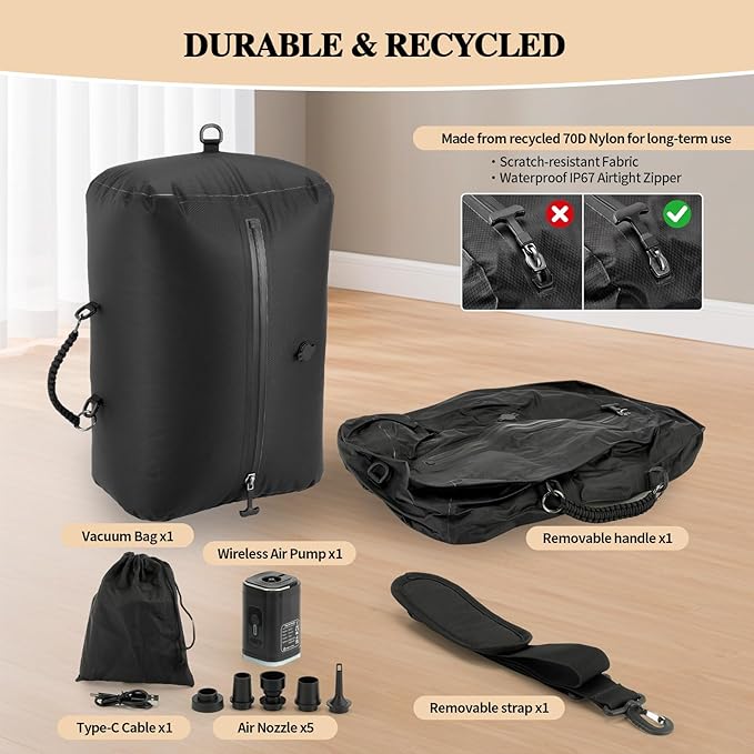 Vacuum Bags for Travel with Wireless Pump, 38L Reusable Vacuum Compression Bags with IP67 Waterproof Zipper 70D Nylon Vacuum Seal Packing Cubes Space Saver Bags for Carry On Backpack