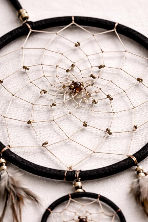 OMA Black Dream Catcher Wall Hanging with Tiger Eye Stones and Feathers, Black Suede Traditional Dream Catcher Boho Home Decor Bedroom Decoration Gift Large Size - 28" Long x 9" Diameter
