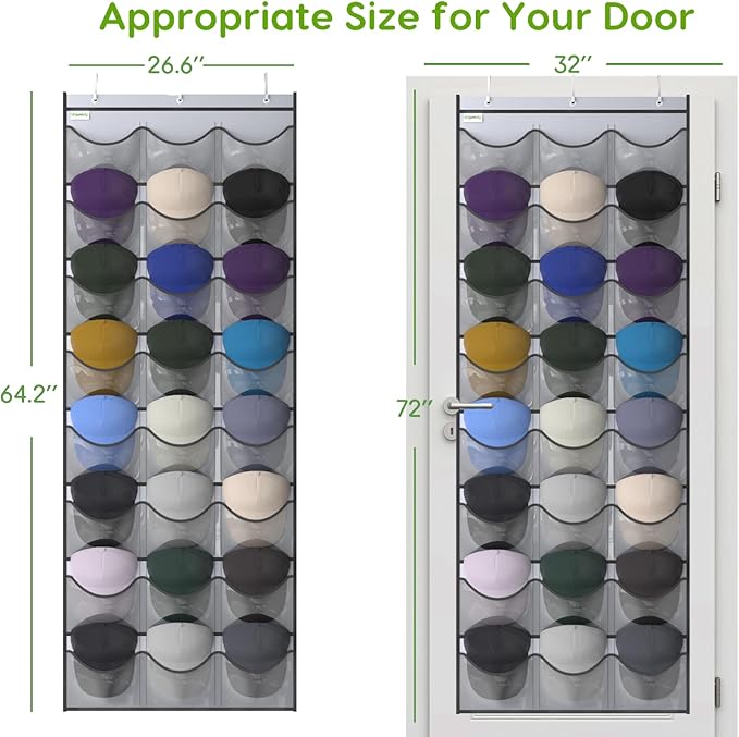 Unjumbly Baseball Hat Rack, 24 Pocket Over-The-Door Hat Organizer with Clear Deep Pockets to Display Baseball Caps Collection, Complete with 3 Over Door Hooks (Grey, 24 Pockets)