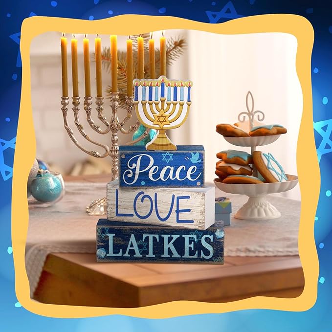 Lineshading 4 Pcs Hanukkah Decorations for Home Chanukah Table Decor Wooden Menorah Decoration Hanukkah Centerpiece Rustic Menorah Block Signs Jewish New Year Decoration for Home Tiered Tray Decor
