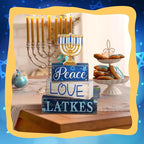 Lineshading 4 Pcs Hanukkah Decorations for Home Chanukah Table Decor Wooden Menorah Decoration Hanukkah Centerpiece Rustic Menorah Block Signs Jewish New Year Decoration for Home Tiered Tray Decor