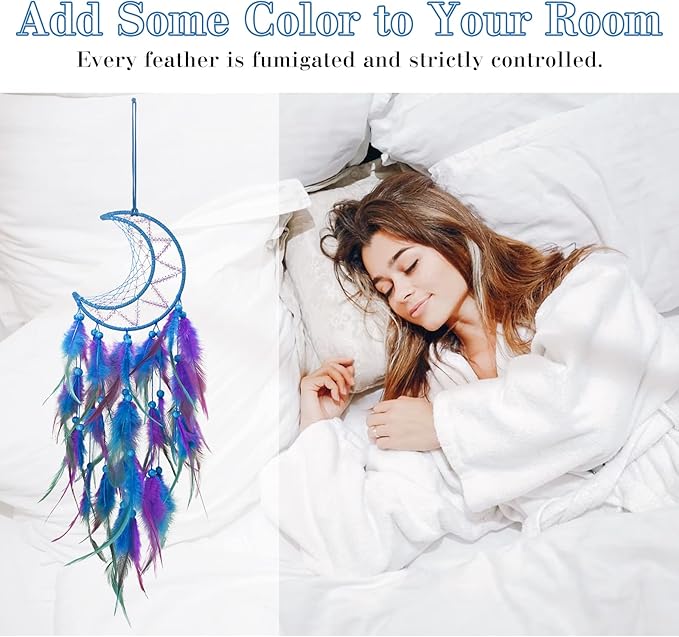 Dream Catcher Wall Decor for Girls With Feathers and Beads Pendant - Handwoven Kit for Bedroom and Living Room Decoration (Blue Purple)