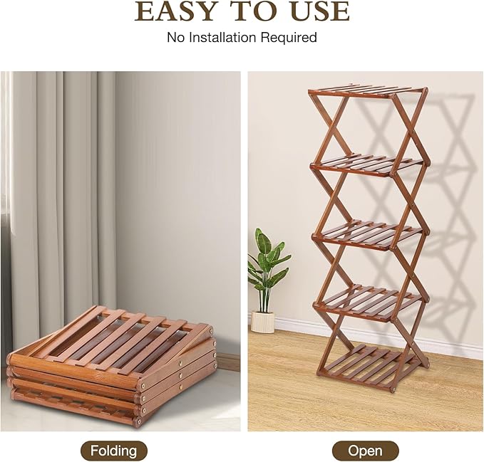 Bamboo Shoe Rack 5 Tier Foldable Shoe Rack Vertical Bamboo Shoe Organizer Free Standing Shelf for Entryway, Closet, Bedroom, Walnut Color