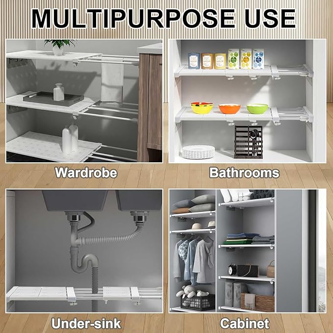 Gerrii 4 Pcs Closet Tension Shelf Rod Expandable Shelf Locker Organizer Adjustable Storage Rack Scalable Layered Divider Separator for Cabinet Wardrobe Kitchen Bathroom (10.83''-17.91'')