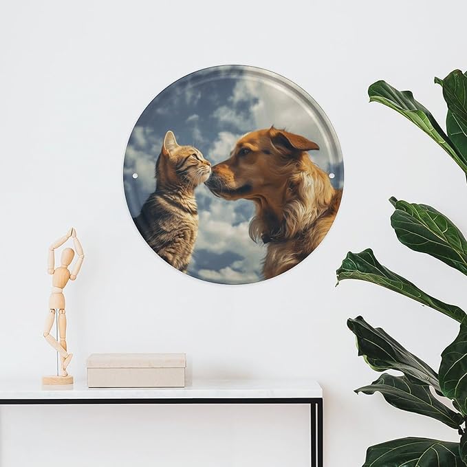 Wall Picture, with Dog and Cat Face to Face Printed Circular Iron Hanging Picture,Wall Art Decor,Home for Bedroom Living Room Bathroom Decor,Iron Painting 11.8X11.8 in