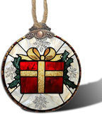 Stained Glass Christmas Decorations, Gold Ribbon Suncatcher for Window Christmas Tree Hanging Ornaments Retro White Snowflake Sun Catcher Xmas Decor Gifts for Women Men Mom Nana Friend