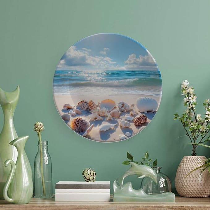 Shell Theme Decorative Ceramic Plate Round Porcelain Plate,7 inch,Beach Pattern,for Decorative Ornaments Giving Plates,1 Plate with 1 Display Stand,Off White Brown