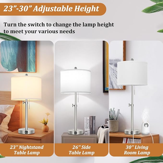 Kondras Table Lamp Set of 2 for Bedroom, Bedside Lamp with 2 USB Ports, 23" to 30" Height Adjustable Tall Table Lamp for Living Room End Tables, Modern Silver Nightstand Lamp with Pull Chain