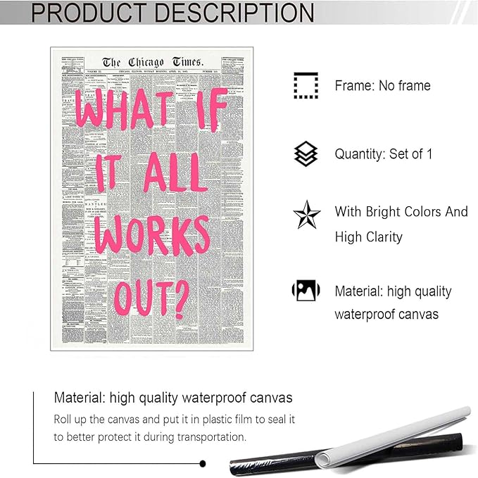 Drimiler What If It All Works Out Poster Retro Newspaper Pink Font Canvas Wall Art Positive Affirming Quote Minimalist Prints Painting For Home Bedroom Dorm Wall Decor 8x12in Unframed