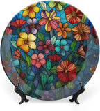 Stained Glass Theme Decorative Ceramic Plate Round Porcelain Plate,7 inch,Colorful Flowers Pattern,for Decorative Ornaments Giving Plates, 1 Plate with 1 Display Stand,Multicolor