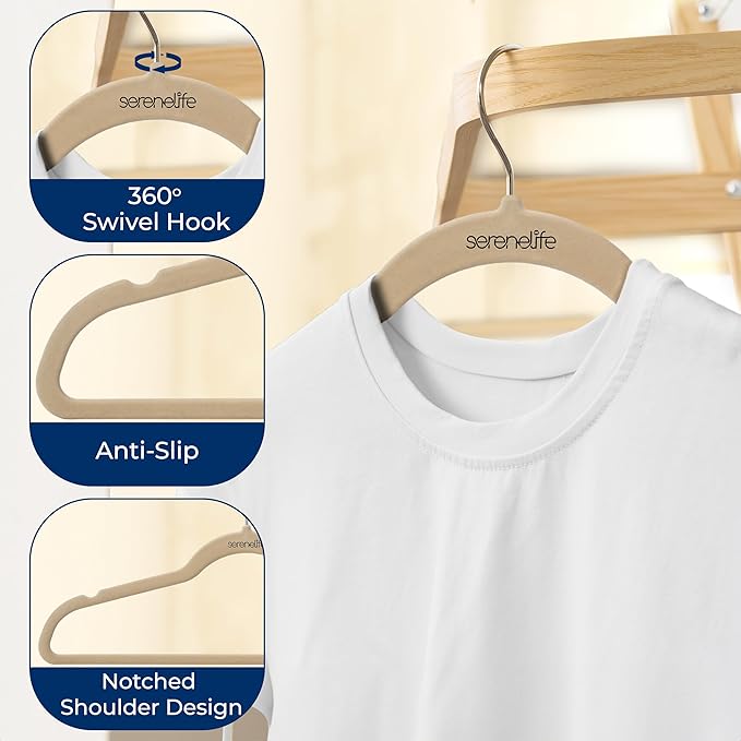 SereneLife 150 Pack Velvet Hangers - Non-Slip with 360° Swivel Hook - Ultra-Thin, Lightweight, Space-Saving, Felt Hangers for Shirts, Sweaters, Hoodies, Kids Clothes & Dresses