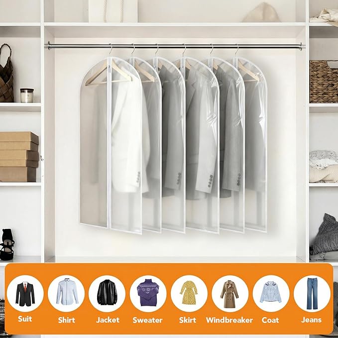 12 Pack Garment Bags 60 * 100cm, 40in PEVA Translucent Garment Covers, Suit Storage Bags, Dress Organizer Bags Used To Protect Shirts, Winter Coats, Jackets（White Edge）
