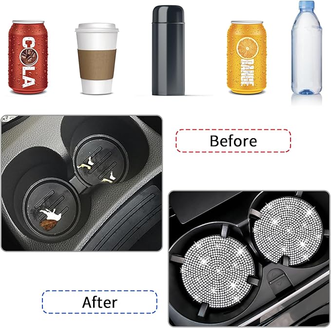 COCASES 4 Pack Bling Car Coasters, Car Cup Holder Coaster, Rhinestone Coaster for Cup Holders, Silicone Car Coasters for Women Car Interior Accessories (2.75'' White Crystal Circle)