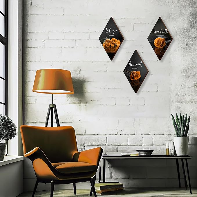 3 Pcs Orange Rose Bathroom Wall Decor Orange Decor Flower Wooden Inspirational Wall Art Bedroom Wall Decor with Accept Let Go Have Faith Sign for Bathroom Living Room Bedroom(12 x 7")