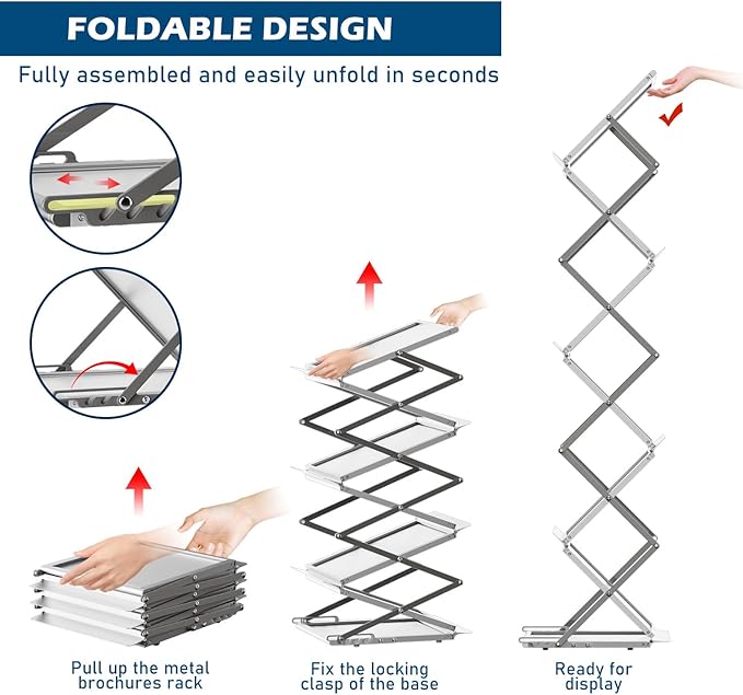 6 Pockets Foldable Literature Rack - Aluminum Magazine Rack, Brochure Catalog Display Stand with Carrying Bag for Exhibition, Trade Show, Office, Retail Store, Home - Silver