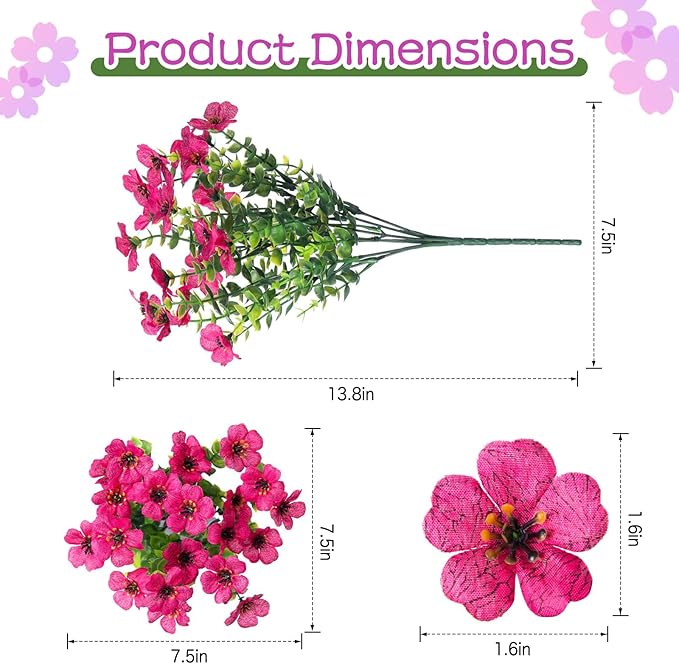 Artificial Flowers for Outdoors,Faux Flowers Daisy with Eucalyptus Leaves for Indoor Garden Home Decor,UV Resistant Artificial Flower Fake Plants for Porch, 12 Bundles (Mix Pink Red Purple Yellow)