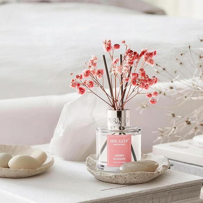 Airkeep Reed Diffuser Set,1.69 fl oz (50 ml) - Cherry Blossom Oil Diffusers with 8 Reed Sticks,Home Fragrance Reed Diffuser for Bathroom Shelf Decor