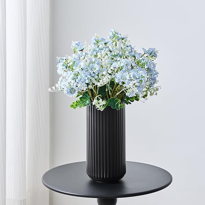Black Ceramic Flower Vase for Pampas Grass, 10 inch Large Decorative Centerpiece Ribbed Vase for Dining Table, Office Desktop, Shelf Bookshelf, Mantel, Entryway, Bathroom, Countertop, Farmhouse, Gift
