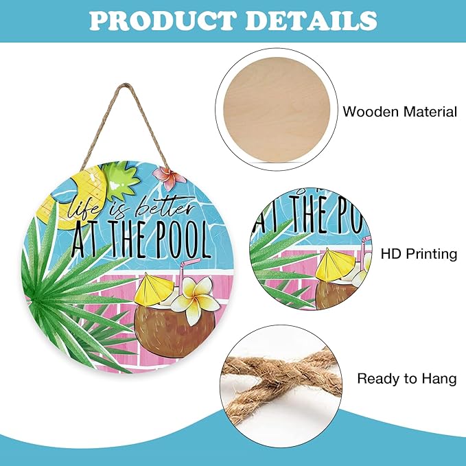 Summer Life is Better at The Pool Front Door Sign, Tropical Coconut Palm Leaves Wood Plaque Hanger Outdoor Outside Porch Home Decor, Swimming Ring Wooden Wreath Indoor Wall Hanging Decoration