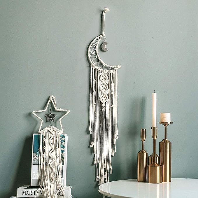 Tarklanda Moon Star Dream Catcher Decor, 2pcs Boho Home Moon Star Dreamcatcher, Macrame Wall Hanging Boho Home Decor for Kids Baby Bedroom Birthday Gift for Mother Women Girls Friends Craft