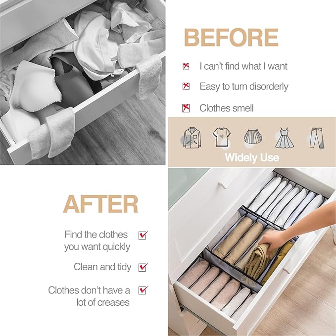 Wardrobe Clothes Organizer, 7 Grids Washable Portable Closet Organizer Mesh Separation Storage Box Foldable Closet Drawer Organizer for Underwear, Socks, Scarves, Jeans (Grey, 2 Jeans Grid)
