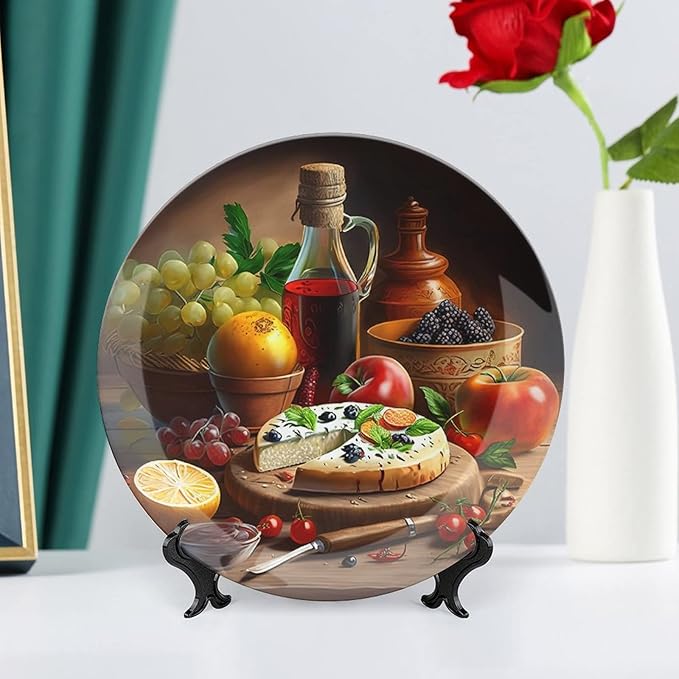 Decorative Plates for Home, Wine, Fruit & Pizza Foods Painting Tray for Table Display, Ceramic Dinner Plate w/Stand, Living Room Dining Room Decor, Housewarming Gifts, 10 Inch