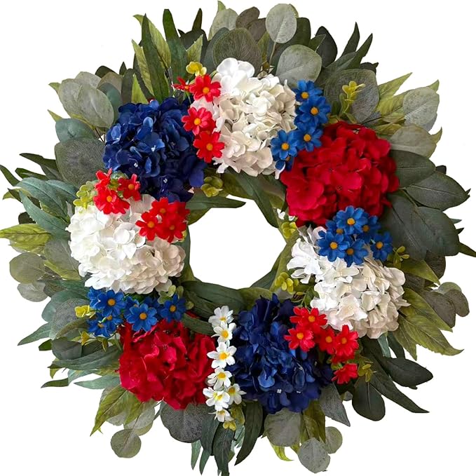 WANNA-CUL 250th Year Patriotic Wreaths for Front Door Decorations, 24 Inch 4th of July Hydrangea Wreath, Red White Blue Spring Door Wreath for Independence Day, Memorial Day for Indoor Outdoor Decor