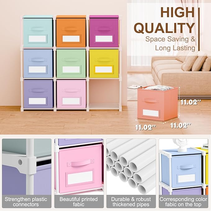 Geelin 9 Cube Toy Storage Organizer with Fabric Bins and Labels, 11 Inch Collapsible Colorful Cubby Storage Drawers Pastel Dresser with Shelf for Playroom Nursery Closet Bedroom Dorm