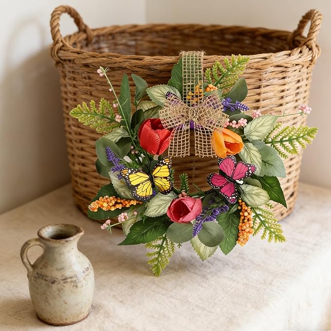 4 PCS Spring Lavender Tulips Hanging Wreaths for Kitchen Cabinets Artificial Small Floral Wreaths for Front Door with Butterfly Spring Summer Mini Wreath for Home Farmhouse Window Porch Wall Decor
