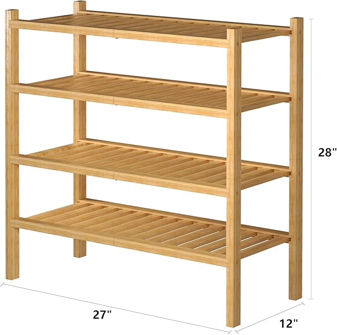 4 Tier (Thick) Bamboo Shoe Rack for Closet Free Standing Wood Shoe Shelf for Entryway Small Space Stackable 27"x12"x28" (Natural)