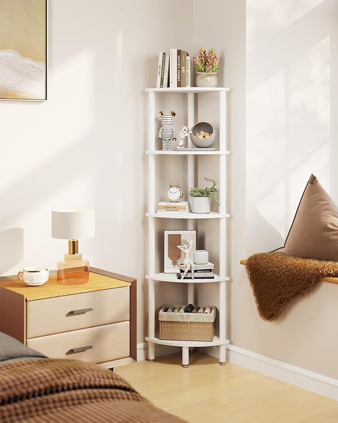 IBUYKE 5 Tier Corner Shelf Stand,Industrial Corner Display Rack,Corner Bookshelf for Living Room, Bedroom, Kitchen, Home Office, White WBC010W