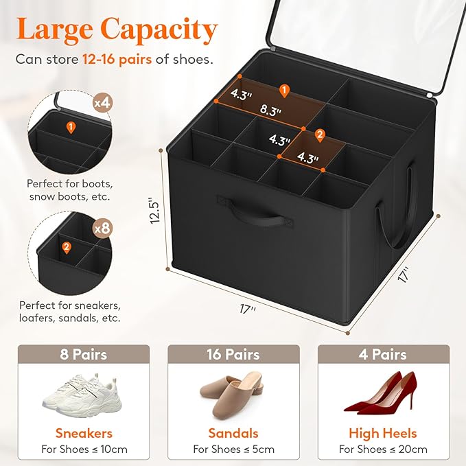 Lifewit Shoe Storage Organizer for Closet, Fabric Large Shoe Box Storage Containers with Clear Cover, Foldable Bins for Boots Heels Sneakers Fits 24-32 Pairs (Each 12-16 Pairs) 2 Pack Black